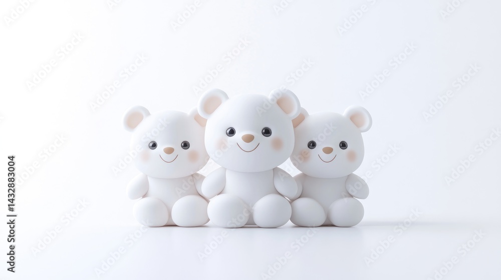 Obraz premium Three Ceramic Bears Minimalist Style, Soft Lighting, High Resolution, Centered Group Shot, Smooth Textures, Friendly Togetherness, White Background, Gentle Pure Tones, Ideal for Baby Products