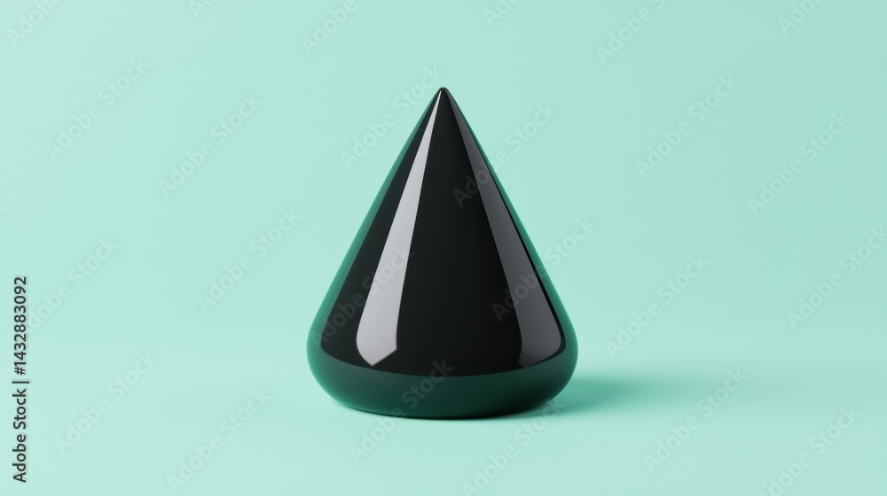 A 3D rendering of a black, shiny, triangular object against a light green background. A 3D rendering of a black, shiny, triangular object against a light green background.
