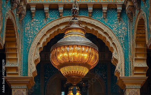 Ornate hanging lamp in a grand arched hall, with detailed tilework and intricate architectural elements