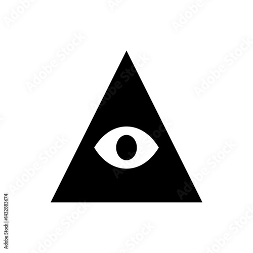 A black triangle containing a white eye with a black pupil centered inside it on a white background plain