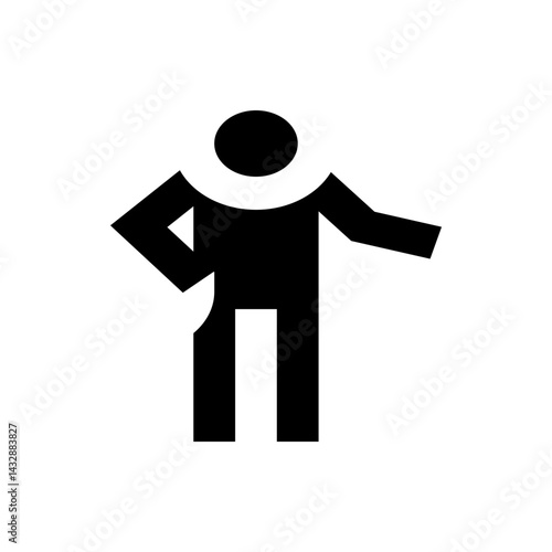 Silhouette of a person with a round head and geometric body posing with arms akimbo and one leg missing