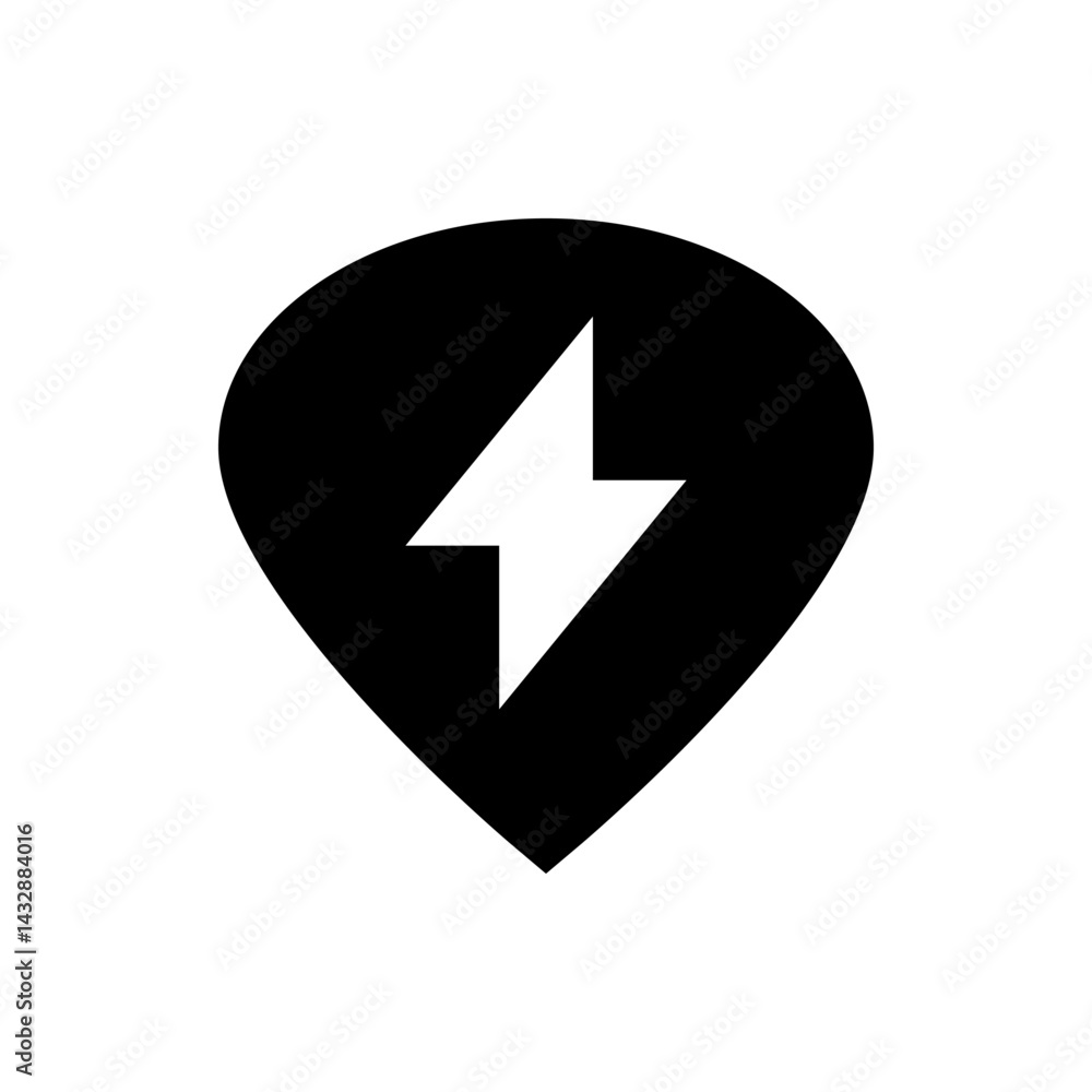 Black location pin icon with a white lightning bolt symbol indicating electric vehicle charging station location Black location pin icon with a white lightning bolt symbol indicating electric vehicle charging station location