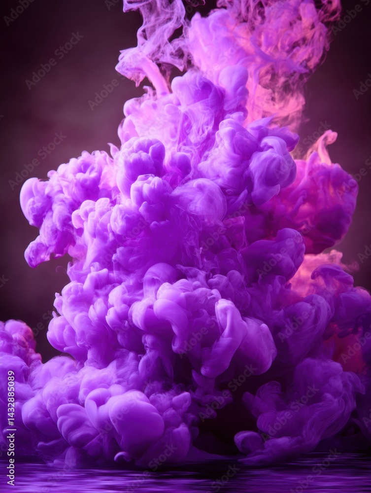 Obraz premium Ethereal Purple Cloud Ascending from Reflective Surface Creating a Dreamlike Ambiance with Soft Lighting and Dramatic Flair
