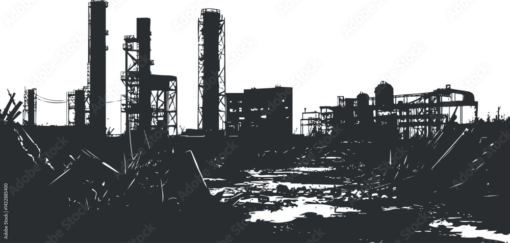 Obraz premium Silhouette of an industrial factory with chimneys and pipes against a white background