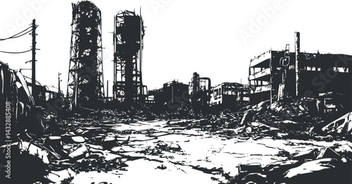 Black and white illustration of an abandoned urban area with ruins and destroyed buildings in a post-apocalyptic setting.