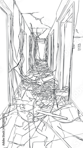 A damaged and debris-filled hallway with broken walls and ceiling, showing signs of destruction and decay.