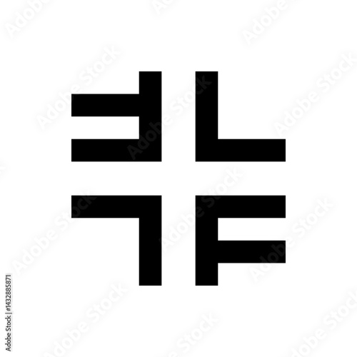 Black geometric shapes arranged in a cross formation with negative space creating a white cross shape, simple design