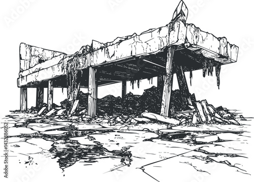 Black and white sketch of a damaged and collapsed concrete structure surrounded by rubble and debris