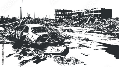Black and white illustration of a destroyed urban area with a wrecked car and ruined buildings surrounded by debris and rubble