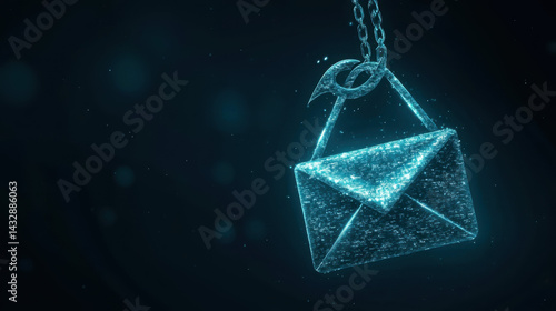 glowing envelope symbolizing phishing attacks, suspended by hook, represents dangers of online security threats and email scams. dark background enhances visual impact
