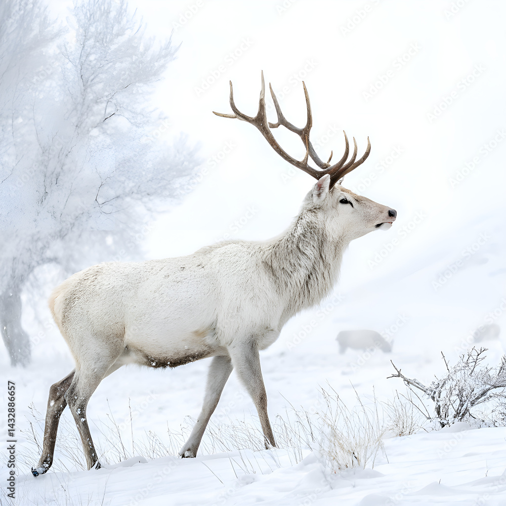 Fototapeta premium White-tailed deer, a brown mammal with antlers, stands wild in the snowy winter forest