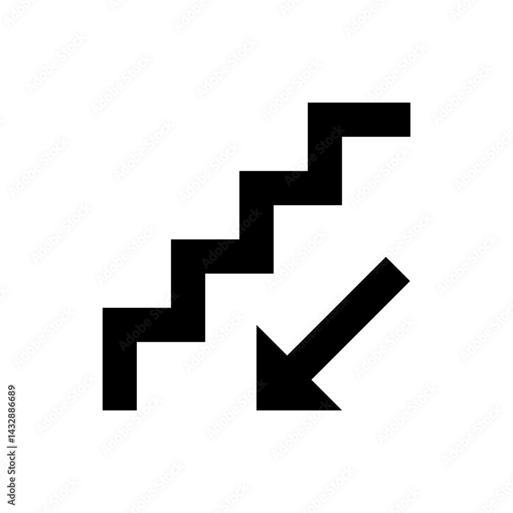 Black staircase icon with a downward pointing arrow indicating direction of descent on a white background Black staircase icon with a downward pointing arrow indicating direction of descent on a white background