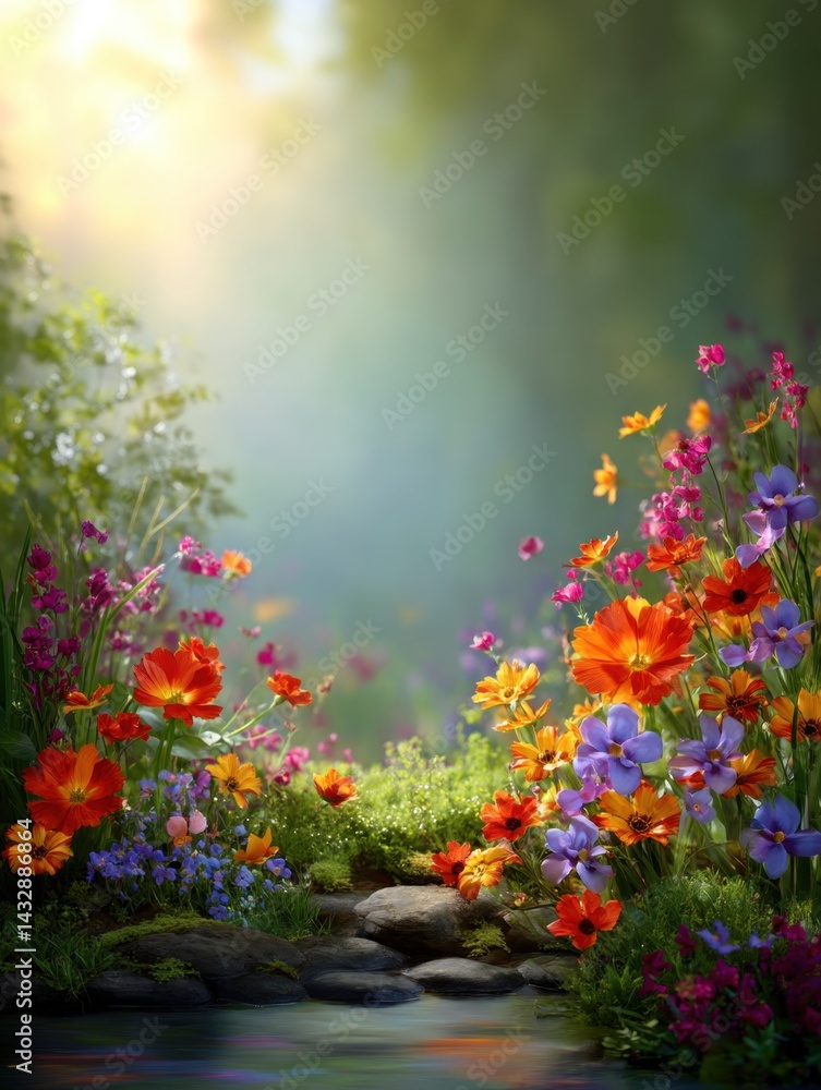 Obraz premium Enchanting floral vista with vibrant cosmos flowers in a serene garden landscape with soft light and tranquil atmosphere evoking peace and beauty