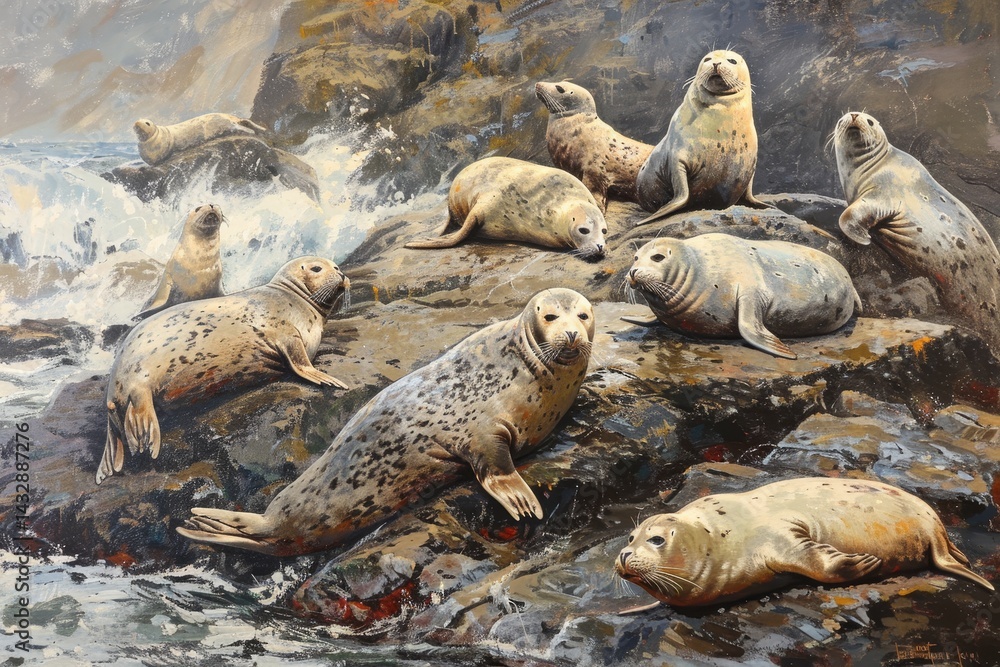 Fototapeta premium A group of harbor seals relax and play on a rocky shore, basking in the sunlight, A group of playful seals lounging on a rocky shore