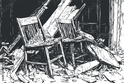 Two broken wooden chairs surrounded by debris and ruins in an abandoned deteriorated setting.