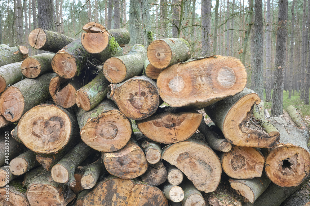 Pile of cut down trees, selective focus.
