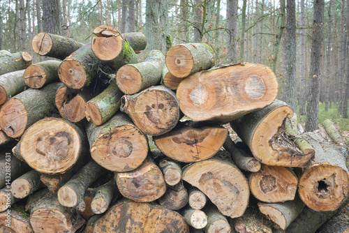 Obraz na płótnie Pile of cut down trees, selective focus. w salonie