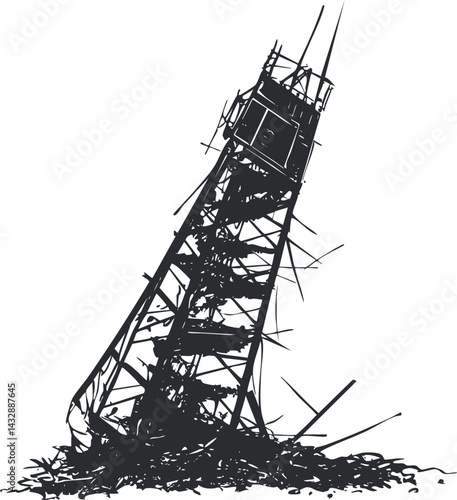 Black and white silhouette of a collapsed metal tower with debris and broken structure