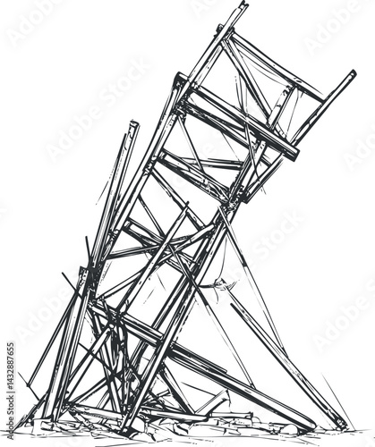 Black and white sketch of a collapsed metal structure with broken and tilted framework on a white background