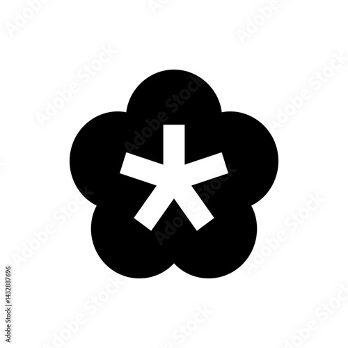 Black flower shape with rounded petals and a white asterisk symbol in the center of the flower design