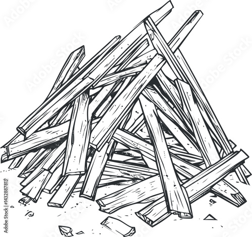 Hand-drawn black and white illustration of a pile of rough wooden planks stacked randomly