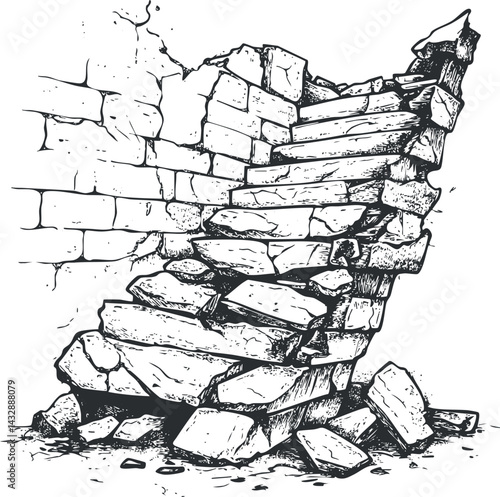 Black and white illustration of broken stone stairs and wall ruins showing decay and damage