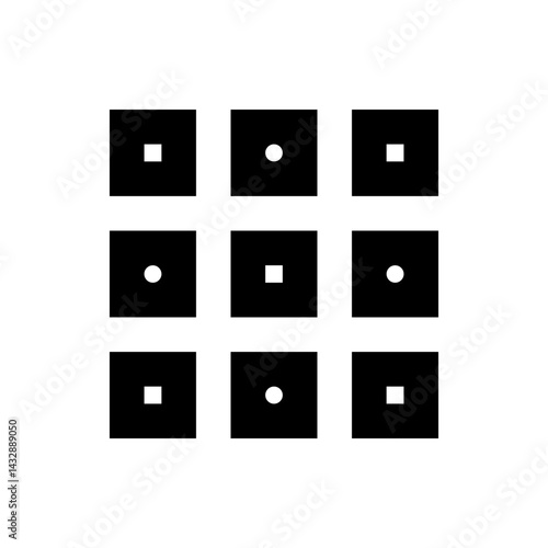 Arrangement of nine black squares with white circles and squares in a grid pattern symmetrical design