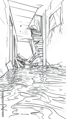 Black and white sketch of a flooded and damaged hallway with debris and broken walls after disaster