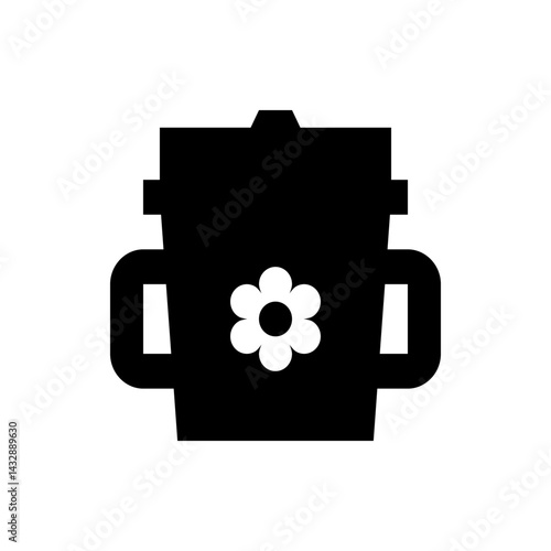 Black sippy cup with handles and a flower design in the center, isolated on a white background view