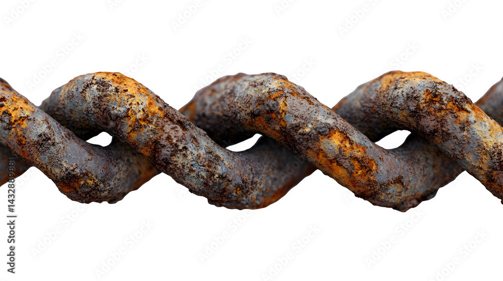 Fototapeta premium Close-up of rusty barbed wire in a twisted pattern, isolated on white background