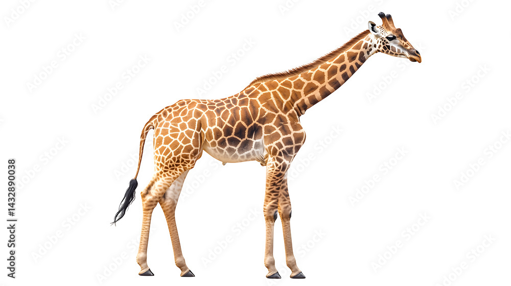 Naklejka premium A tall giraffe standing upright with gentle posture, isolated on white background