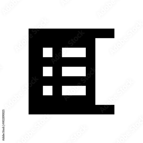 Black square with window like cutouts and protruding sections on the top and bottom edges design element