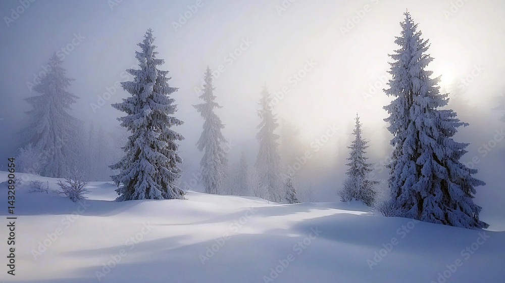 Obraz premium Serene Winter Landscape SnowCovered Pines in Misty Sunlight