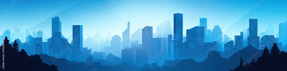 Blue Business Banner with Skyscraper City Landscape for Successful Trade Blue Business Banner with Skyscraper City Landscape for Successful Trade