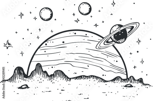Black and white illustration of a planet with rings rising behind a rocky surface with stars and moons in space