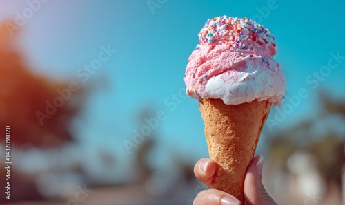 A hand holding a pink ice cream cone with sprinkles against a blue sky.
