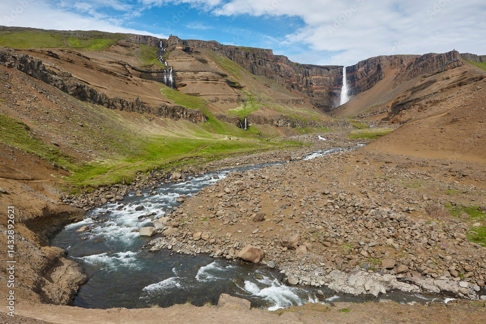 Litlanesfoss waterfall and basaltic rocks. Lagarfljot area. East fjords. Iceland