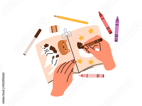 Hands drawing in sketchbook, notebook. Paper diary, creative notepad, oil pastel pencils. Artist at sketch book, album pages with cute cats. Flat vector illustration isolated on white background
