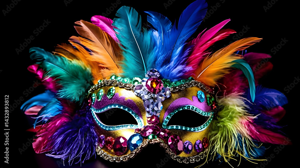 A colorful feathered mask with intricate designs and vibrant colors against a black background. A colorful feathered mask with intricate designs and vibrant colors against a black background.