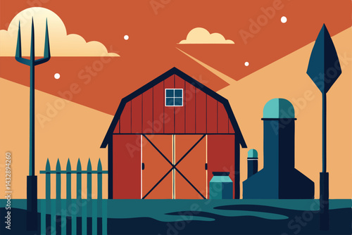 farm tools leaned against wet barn wall .eps
