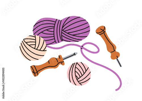 Punch needles, embroidery tool and yarn balls, thread for craft, DIY, needlework. Creative hobby, handcraft, needlecraft accessories, supplies. Flat vector illustration isolated on white background