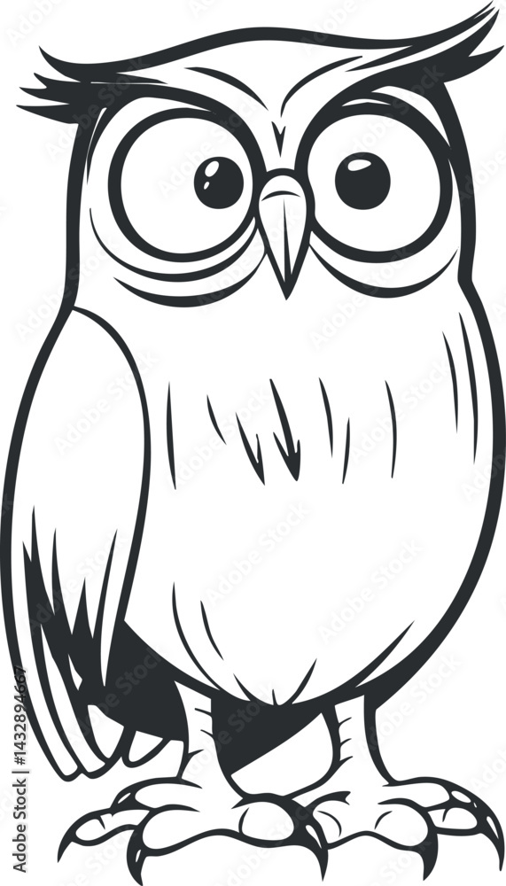 Fototapeta premium Black and white cartoon illustration of an owl with big eyes and detailed feathers