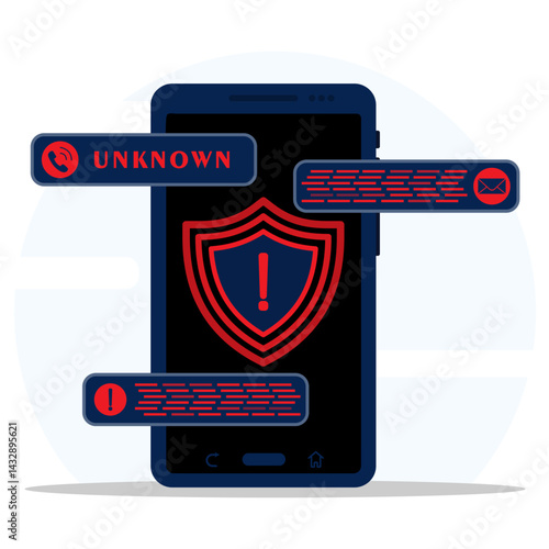 Mobile fraud alert, phone scam, online warning. Unknown calling, spam email, malware spreading virus. Alert warning notification. 