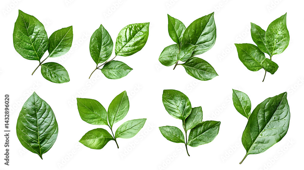 Collection of green curry leaves with herbal texture and curves isolated on white background Collection of green curry leaves with herbal texture and curves isolated on white background