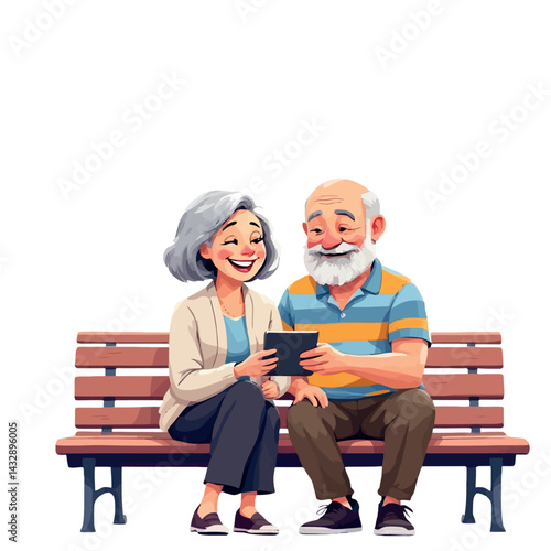 Vsai happy senior couple using tablet and sitting on bench