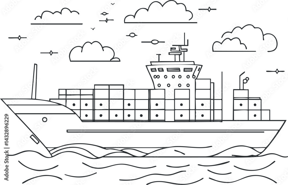Fototapeta premium Line art illustration of a cargo ship carrying containers sailing on the ocean with clouds and birds above