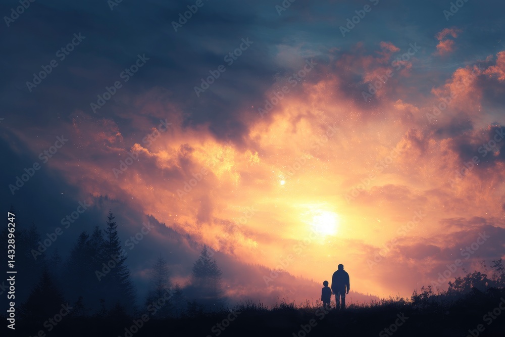 Fototapeta premium Father and Child Silhouette at Sunset