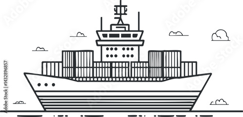Black and white line art illustration of a cargo container ship loaded with containers at sea