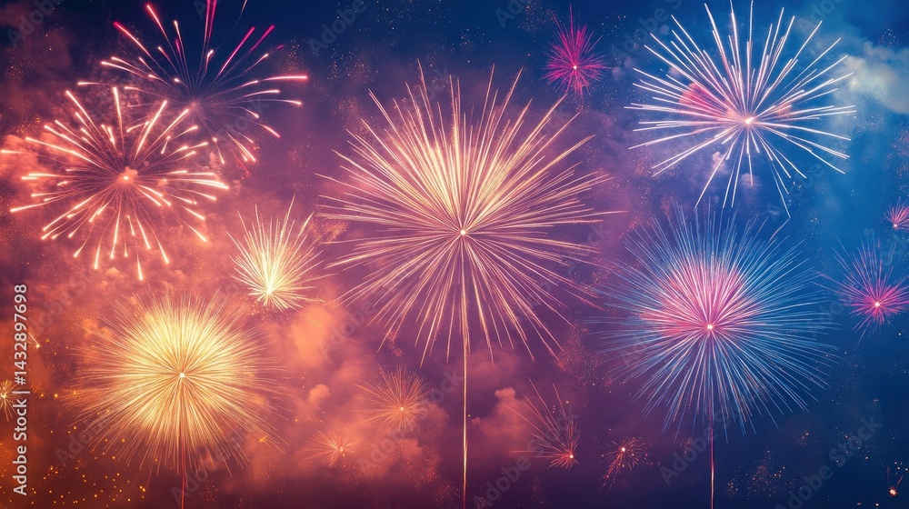 Fototapeta premium Vibrant fireworks display exploding in the night sky, colorful bursts and smoke trails.