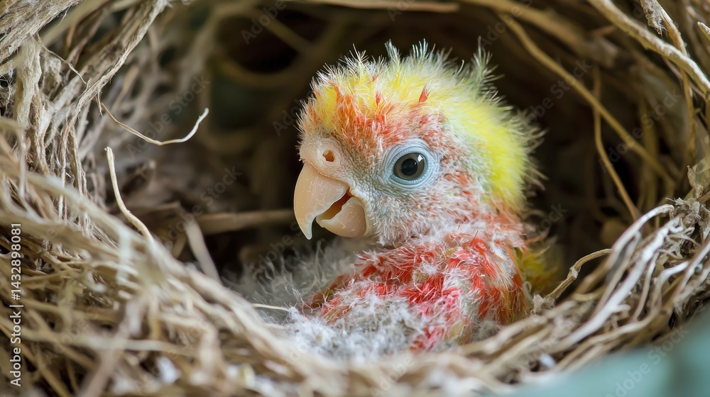 Obraz premium A newborn parrot chick with soft downy feathers inside a nest